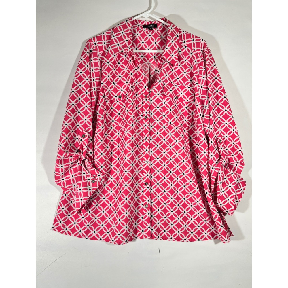 Elementz Geometric Polka Dot Shirt Women 3X Pink Roll Tab Sleeve Button Up Mod